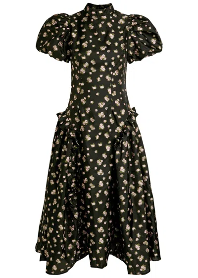 Sister Jane Tea Rose Floral-jacquard Woven Midi Dress In Black