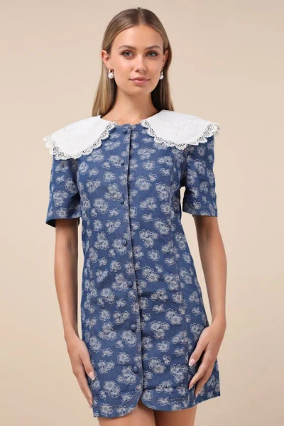 Sister Jane Wildflower Blue Floral Jacquard Denim Lace Collar Mini Dress