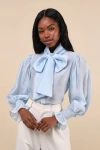 Sister Jane Wind River Light Blue Poet Sleeve Bow Collar Button-up Top In Light Blue
