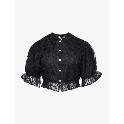 Sister Jane Womens Black Peach Flower Lace-pattern Woven Blouse