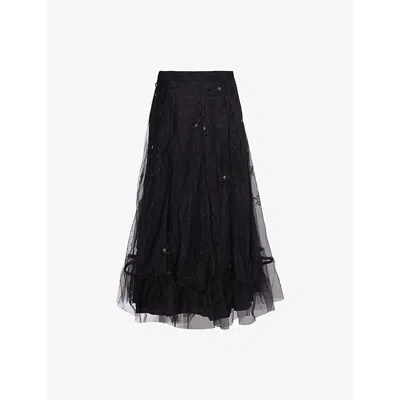 Sister Jane Womens Black Godet Embroidered Tulle Midi Skirt