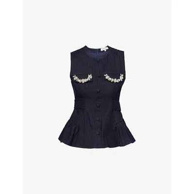 Sister Jane Womens Blue Brightside Jewel-embellished Denim Top Xs