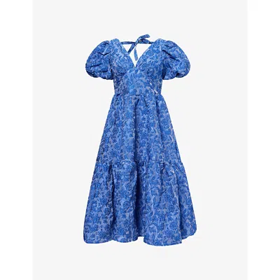Sister Jane Womens Blue Luna Puffed-sleeves Woven Midi Dress Xs