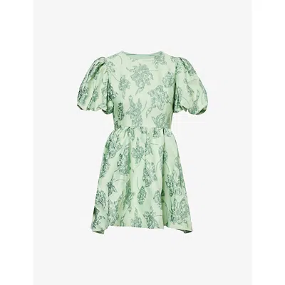 Sister Jane Womens Green Clover Puff-sleeve Jacquard Mini Dress