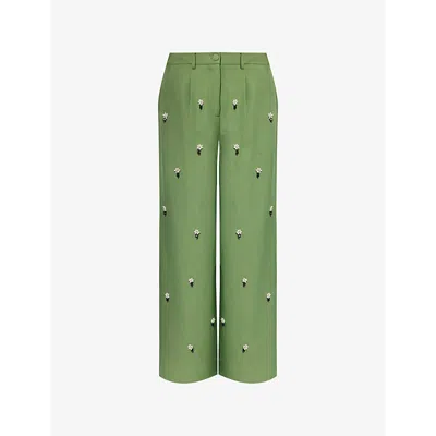 Sister Jane Womens  Formosa Bead-embellished Wide-leg Stretch-woven Trousers In Green