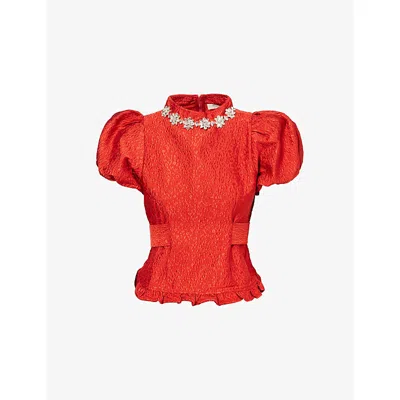 Sister Jane Womens Red Narrative Jacquard Woven Top