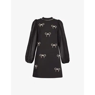 Sister Jane Womens Black Enchanted Bow-embellishment Cotton-blend Mini Dress