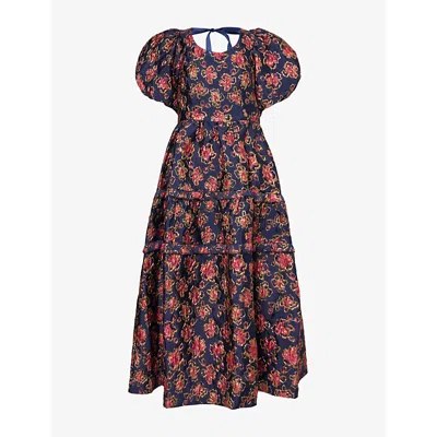 Sister Jane Womens Fable Jacquard-floral Woven Midi Dress Navy