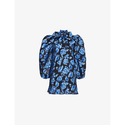 Sister Jane Womens  Fate Jacquard Bow Balloon-sleeves Woven Mini Dress In Blue