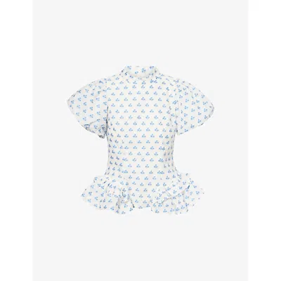 Sister Jane Dream  Sea Salt Jacquard Puff Sleeve Ruffle Hem Top In Blue