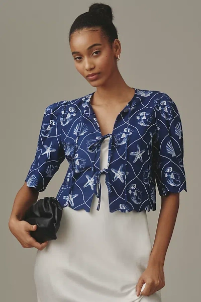 Sister New York Tie-front Linen Blend Top In Blue