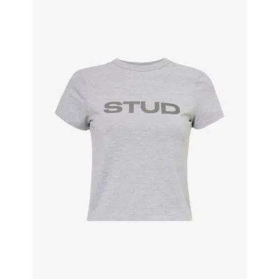Sisters & Seekers Stud Cropped Stretch-woven T-shirt In Mid Grey Marl