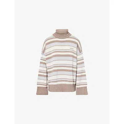 Sisters & Seekers Womens Beige Stripe-print Roll-neck Knitted Cotton-blend Jumper In Sand