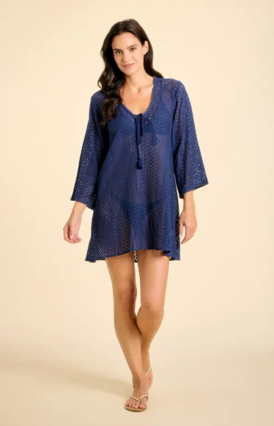 Sitano Sorrento Bell Sleeve Crochet Cover-up In Blue