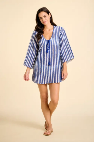 Sitano Sorrento Bell Sleeve Crochet Cover-up In Blue
