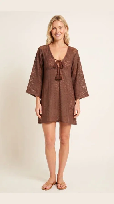 Sitano Sorrento Bell Sleeve Crochet Cover-up In Brown