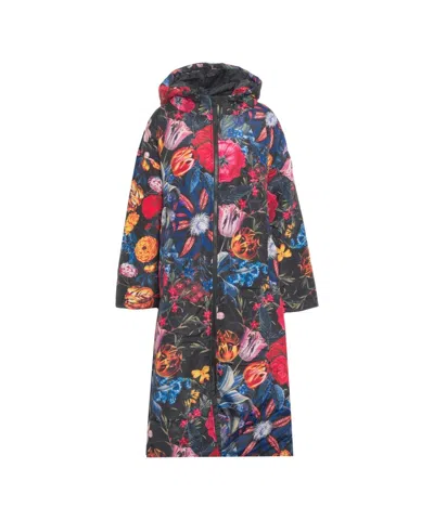 Sittingsuits Quilted Floral Print Coat With Oversized Silhouette In Gray