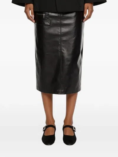 Situationist Zip-pocket Leather Midi Skirt In Black