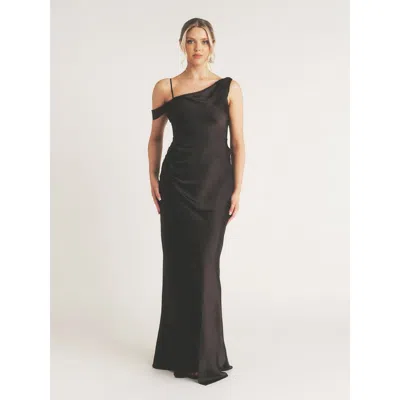 Six Stories Asymmetric Bardot Satin Bridesmaid Dress In Black