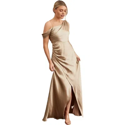 Six Stories Asymmetric Bardot Satin Bridesmaid Dress In Brown