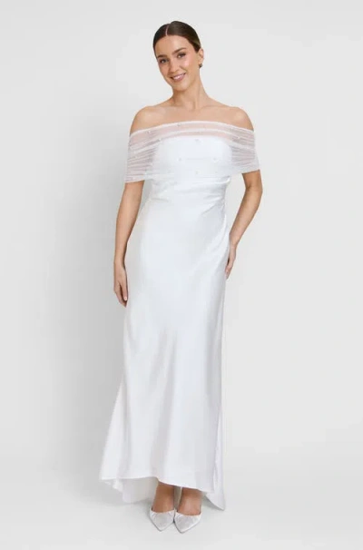 Six Stories Bardot Detail Beaded Satin Midaxi Dress In White