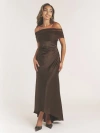 Six Stories Bardot Detail Satin Midaxi Dress In Brown