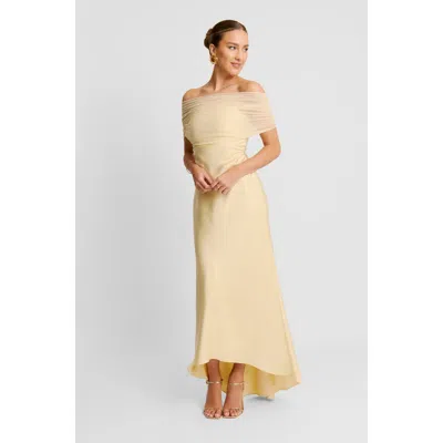 Six Stories Bardot Satin Maxi Dress In Yellow
