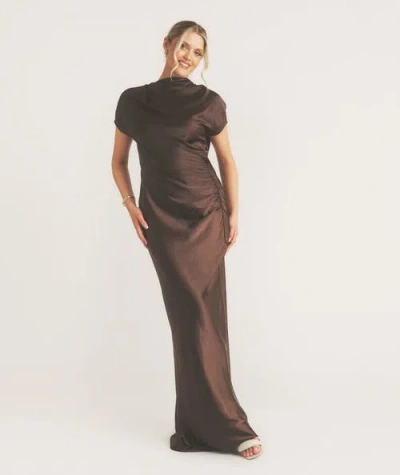 Six Stories Batwing High Neck Satin Bridesmaid Dress In Brown