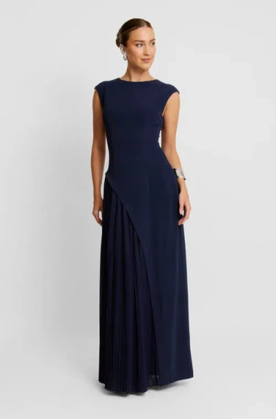 Six Stories Cap Sleeve Pleated Maxi Dress In Blue