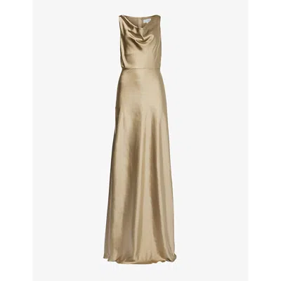 Six Stories Womens Champagne Cowl-neck Flared-hem Satin Maxi Dress