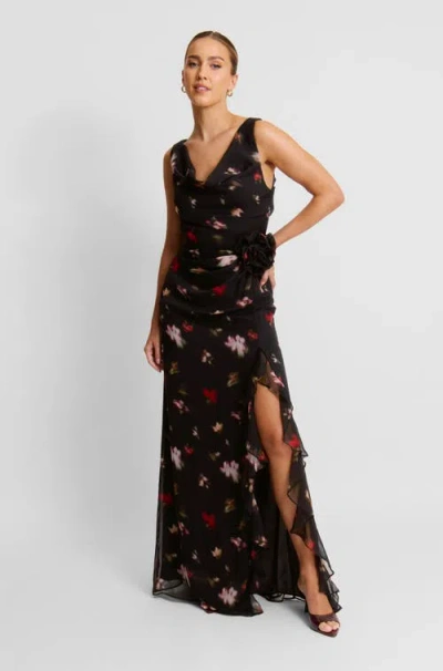Six Stories Floral Cowl Front Coursage Maxi Dress In Black