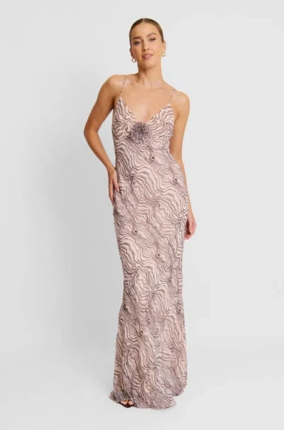 Six Stories Strappy Coursage Beaded Maxi Dress In Brown