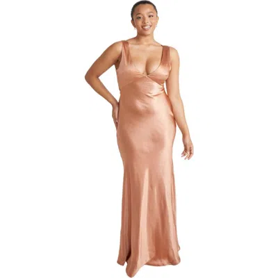 Six Stories Twist Back Satin Bridesmaid Dress In Brown
