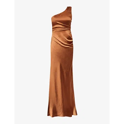 Six Stories Womens Rust One-shoulder Ruched Satin Maxi Dress