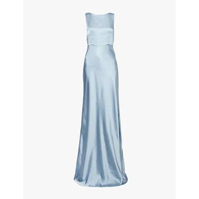 Six Stories Bridesmaids Cowl Back Satin Maxi Dress In Dusty Blue