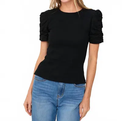 Six/fifty Alexandria Ribbed Ruched Sleeve Top In Black