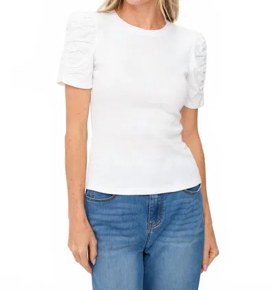 Six/fifty Alexandria Ribbed Ruched Sleeve Top In White
