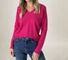 Six/fifty Distressed Hem Vneck Sweater In Hot Pink In Pink