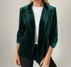 Six/fifty Cam Velvet Cinched Sleeve Blazer In Green In Green