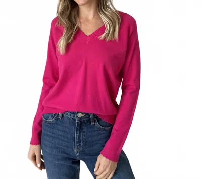 Six/fifty Distressed Hem V Neck Sweater In Hot Pink