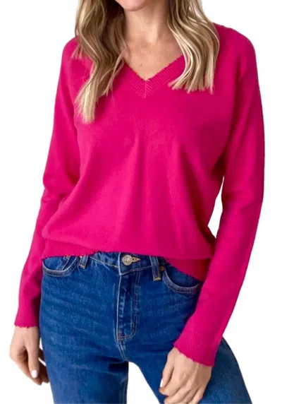 Six/fifty Distressed Hem V Neck Sweater In Hot Pink
