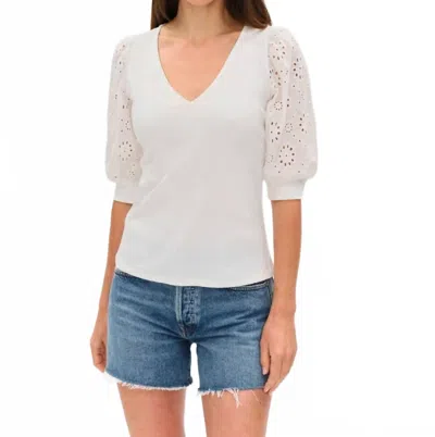Six/fifty Esme Ribbed Eyelet Sleeved V-neck Top In White