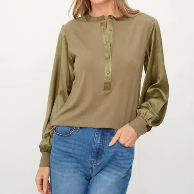 Six/fifty Janie Ribbed Satin Sleeve Top In Olive In Green
