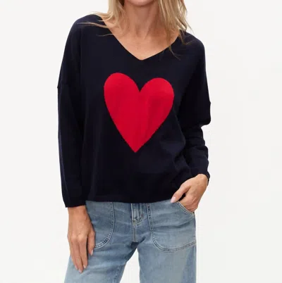 Six/fifty Lovie Graphic Heart V-neck Sweater In Navy/red In Blue