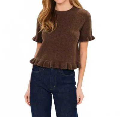 Six/fifty Ruffle Peplum Sweater In Deep Chocolate Heather In Brown