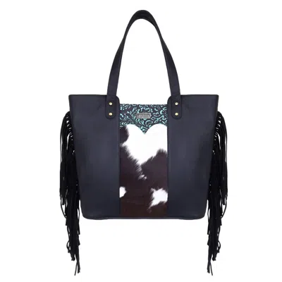 Sixtease Bags Women's Fringed Tote Bag In Black Turqoise Floral In Multi