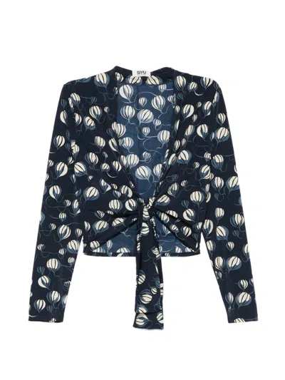 Siyu Balloon-print Tie-front Blouse In Blue