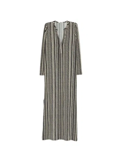 Siyu Multicolor Stripes V Neck Maxi Dress In Green