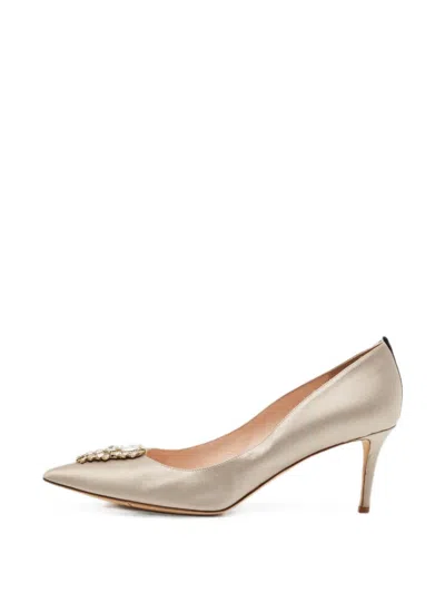 Pre-owned Sjp By Sarah Jessica Parker Crystal-embellished Satin Heeled Pumps In Gold
