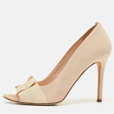 Pre-owned Sjp Sarah Jessica Parker Beige Suede Open Toe Pumps Size 37 In Sand